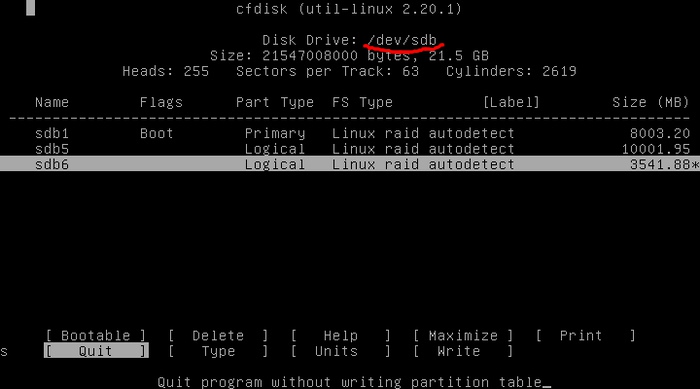 Разметка второго диска в программе cfdisk для создания корневого RAID1