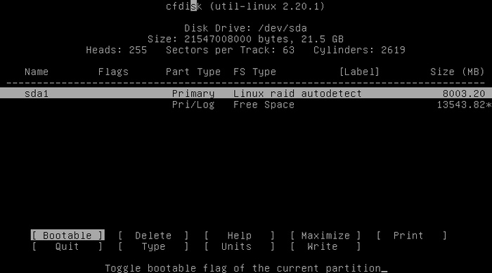 Смена типа раздела на линукс-raid-автодетектируемый в программе cfdisk